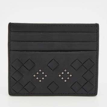Pre Owned Bottega Veneta Black Intrecciato Leather Studded Card Holder