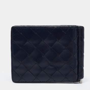 Pre Owned Bottega Veneta Navy Blue Intrecciato Leather Money Clip Bifold Wallet