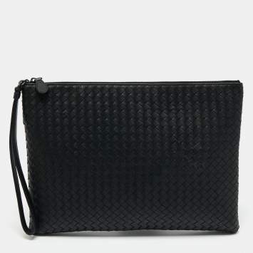 Pre Owned Bottega Veneta Black Intrecciato Leather Wristlet Clutch