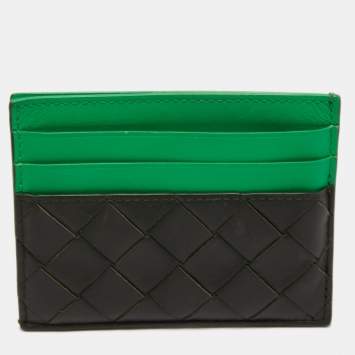 Pre Owned Bottega Veneta Black/Green Intrecciato Leather Card Holder
