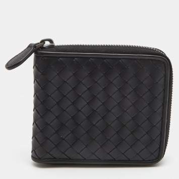 Pre Owned Bottega Veneta Black Intrecciato Leather Zip Around Compact Wallet