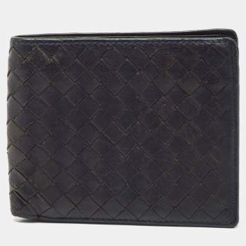 Pre Owned Bottega Veneta Navy Blue Intrecciato Leather Bifold Wallet