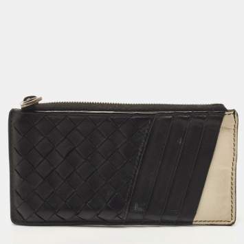 Pre Owned Bottega Veneta Black/White Intrecciato Leather Zip Card Holder
