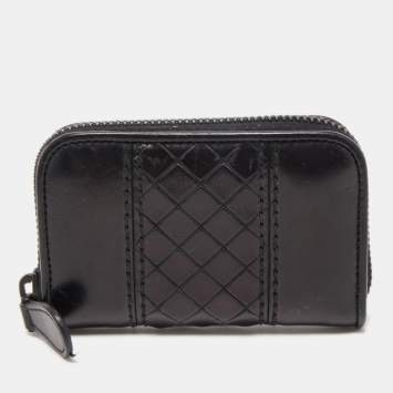 Pre Owned Bottega Veneta Black Intrecciato Leather Zip Coin Purse
