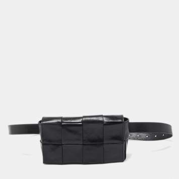 Pre Owned Bottega Veneta Black Intreccio Leather Mini Cassette Belt Bag