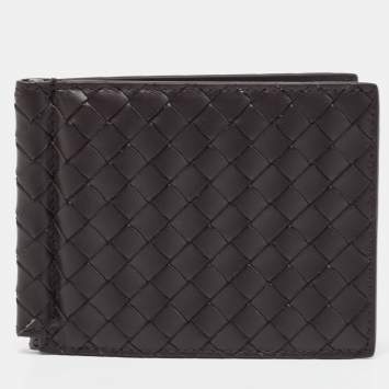 Pre Owned Bottega Veneta Dark Brown Intrecciato Leather Bill Clip Wallet