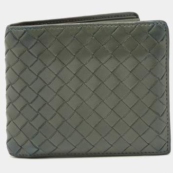 Pre Owned Bottega Veneta Olive Green Intrecciato Leather Bifold Wallet