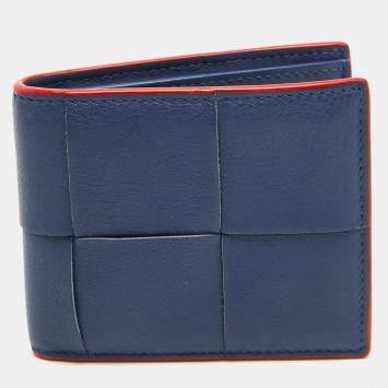 Pre Owned Bottega Veneta Blue Intrecciato Leather Cassette Bifold Wallet