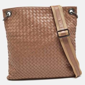 Pre Owned Bottega Veneta Brown Intrecciato Leather Slim Messenger Bag   