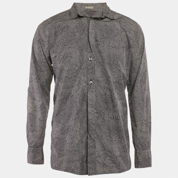 Pre Owned Bottega Veneta Navy Blue Printed Cotton Long Sleeve Shirt L