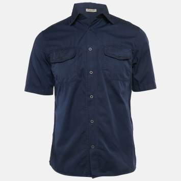 Pre Owned Bottega Veneta Blue Cotton Short Sleeve Shirt S