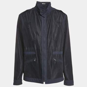 Pre Owned Bottega Veneta Navy Blue Cotton and Mesh Zip-Up Jacket XXXL