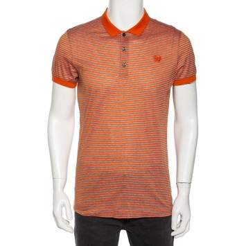 Pre Owned Bottega Veneta Orange & Grey Cotton Striped Polo T Shirt L 