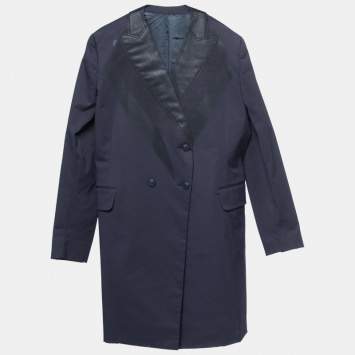 Pre Owned Bottega Veneta Dark Blue Crepe Double Breasted Blazer XS
