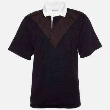 Pre Owned Bottega Veneta Black & Brown Cotton Knit Contrast Collar Polo T-Shirt L