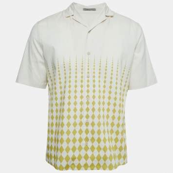 Pre Owned Bottega Veneta Light Grey Geometric Printed Cotton Short Sleeve Shirt L