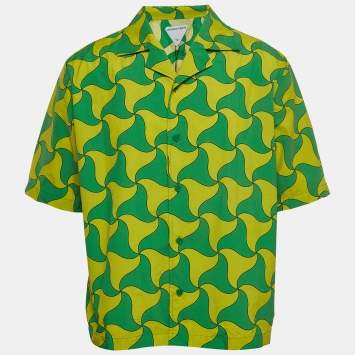 Pre Owned Bottega Veneta Green/Yellow Printed Nylon Bowling Shirt L