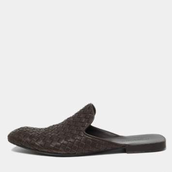 Pre Owned Bottega Veneta Brown Intrecciato Leather Fiandra Flat Mules Size 41