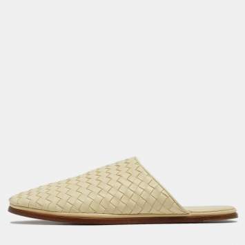 Pre Owned Bottega Veneta Light Yellow Intrecciato Leather Flat Mules Size 41