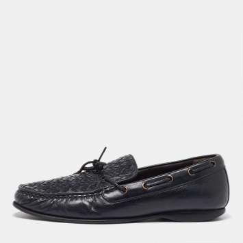 Pre Owned Bottega Veneta Black Intrecciato Leather Bow Slip on Loafers Size 42