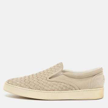 Pre Owned Bottega Veneta Grey Suede Intrecciato Slip On Sneakers Size 45