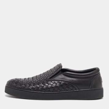 Pre Owned Bottega Veneta Black Intrecciato Leather Slip On Sneakers Size 42