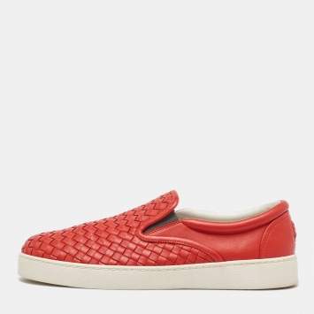 Pre Owned Bottega Veneta Orange Intrecciato Leather Slip On Sneakers Size 43
