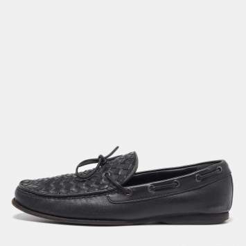 Pre Owned Bottega Veneta Black Intrecciato Leather Bow Slip on Loafers Size 41.5