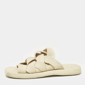 Pre Owned Bottega Veneta Cream Intrecciato Fabric Slide Sandals Size 40