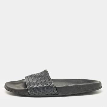 Pre Owned Bottega Veneta Black Intrecciato Leather Lake Slide Sandals Size 46