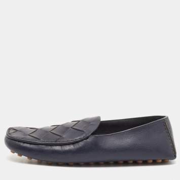 Pre Owned Bottega Veneta Navy Blue Intrecciato Leather Douglas Loafers Size 43.5