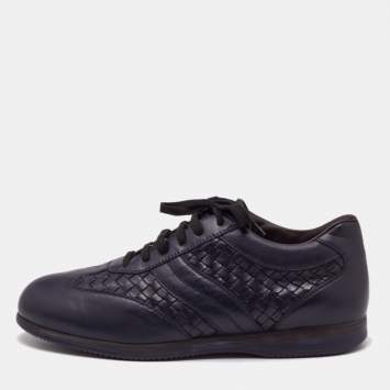 Pre Owned Bottega Veneta Navy Blue Intrecciato Lace Up Sneakers Size 45