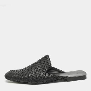 Pre Owned Bottega Veneta Black Intrecciato Leather Fiandra Flat Mules Size 42