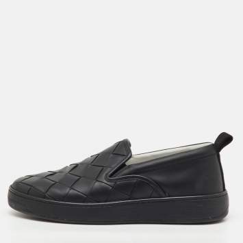 Pre Owned Bottega Veneta Black Leather Dodger Slip On Sneakers Size 46