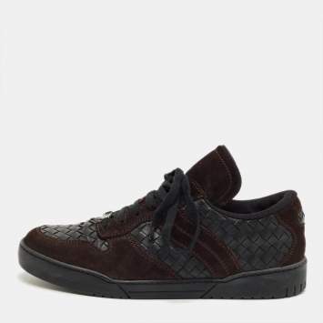 Pre Owned Bottega Veneta Black/Dark Brown Suede and Woven Leather Intrecciato Lace Up Sneakers Size 43