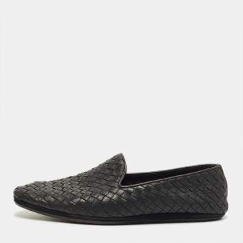Pre Owned Bottega Veneta Black Woven Leather Smoking Slippers Size 42
