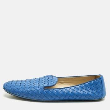 Pre Owned Bottega Veneta Blue Leather Intrecciato Smoking Slippers Size 40