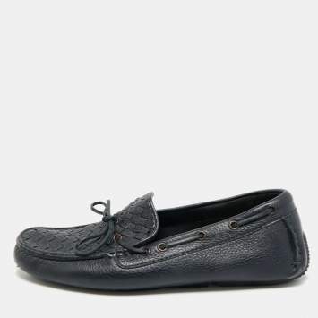 مملوكة مسبقًا Bottega Veneta Intrecciato Size 41 Navy Blue Intrecciato Leather Bow Slip On Loafers