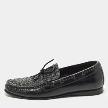 Pre Owned Bottega Veneta Size 42 Black Intrecciato Leather Bow Slip On Loafers