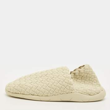 Pre Owned Bottega Veneta Size 41 Cream Intrecciato Fabric Slip On Sneakers