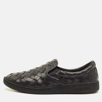 Pre Owned Bottega Veneta Size 43 Black Intrecciato Leather Slip On Sneakers