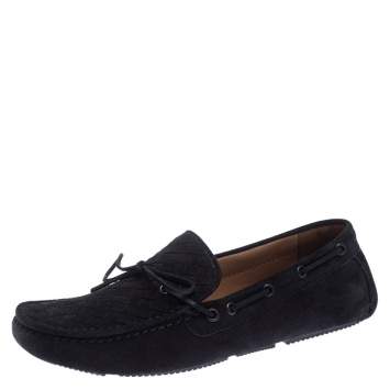 Pre Owned Bottega Veneta Black Intrecciato Suede Bow Slip On Loafers Size 40