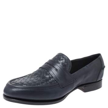 Pre Owned Bottega Veneta Blue Intrecciato Leather Penny Loafers Size 40