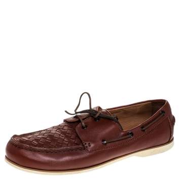 Pre Owned Bottega Veneta Maroon Intrecciato Leather Driving Loafer Size 43
