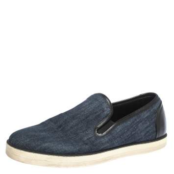 Pre Owned Bottega Veneta Blue Denim And Black Leather Trim Slip On Sneakers Size 40