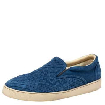 Pre Owned Bottega Veneta Blue Suede Dodger Intrecciato Slip On Sneakers Size 44