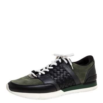 Pre Owned Bottega Veneta Black Intrecciato Leather and Green Suede Sneakers Size 41