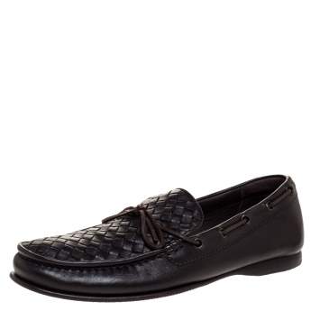 Pre Owned Bottega Veneta Dark Brown Intrecciato Leather Bow Slip On Loafers Size 41.5