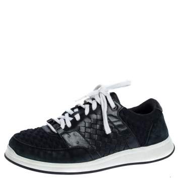 Pre Owned Bottega Veneta Black Intrecciato Leather, Ostrich Trim and Suede Sneakers Size 41.5