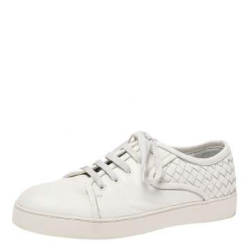 Pre Owned Bottega Veneta White Intrecciato Leather Low Top Sneakers Size 42.5